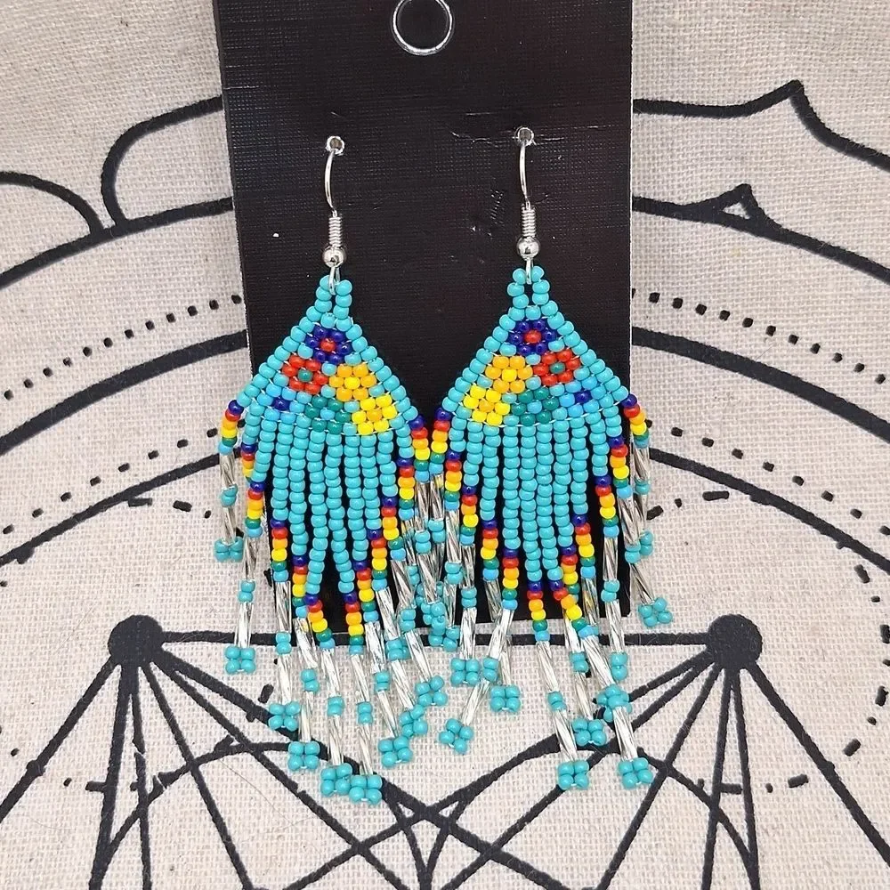 Western beaded earrings Turquoise tribal design dangles fringe tassel